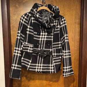 Beverly Hills Polo Club Black and White Plaid Pea Coat